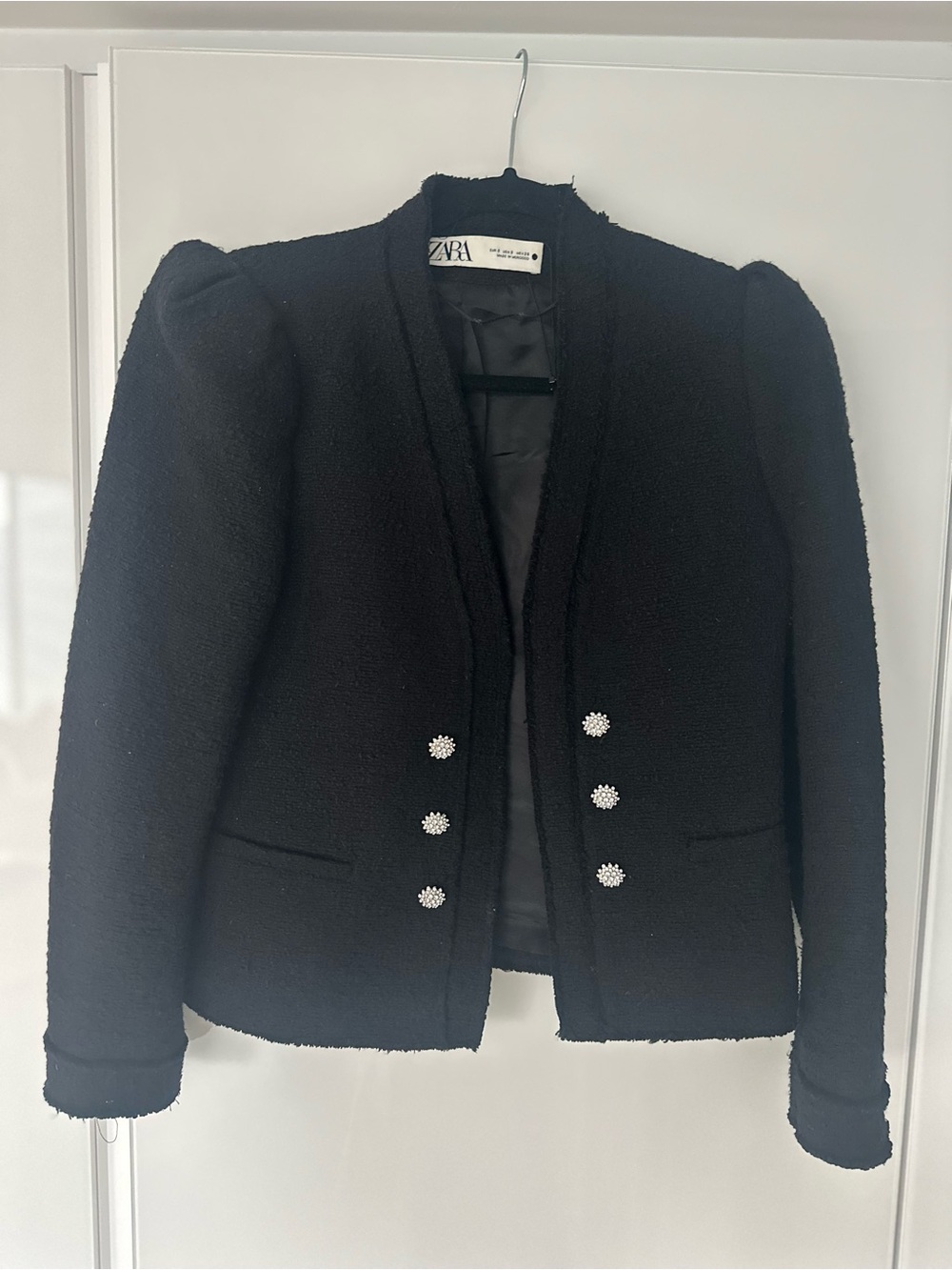 Zara Black Bouclé Blazer with Jewel Buttons